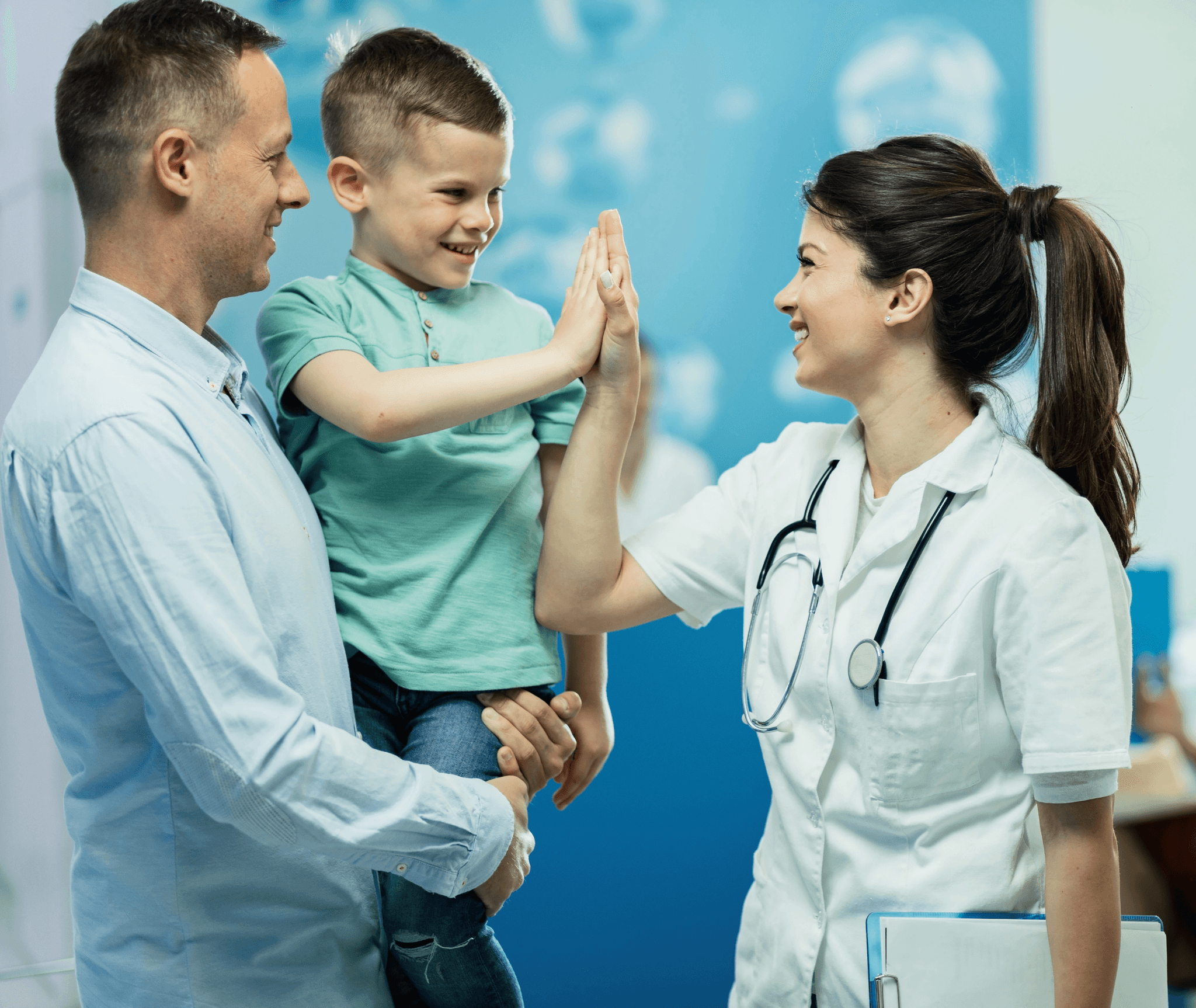 Caring medical team with a family